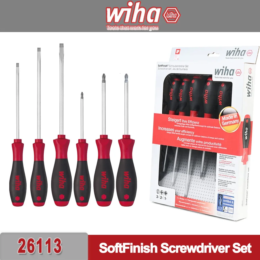 WIHA 6PCS Screwdriver Set Phiilps Slotted Pozidriv Screwdrivers Chrome Plated SoftFinish Screwdrivers 26113