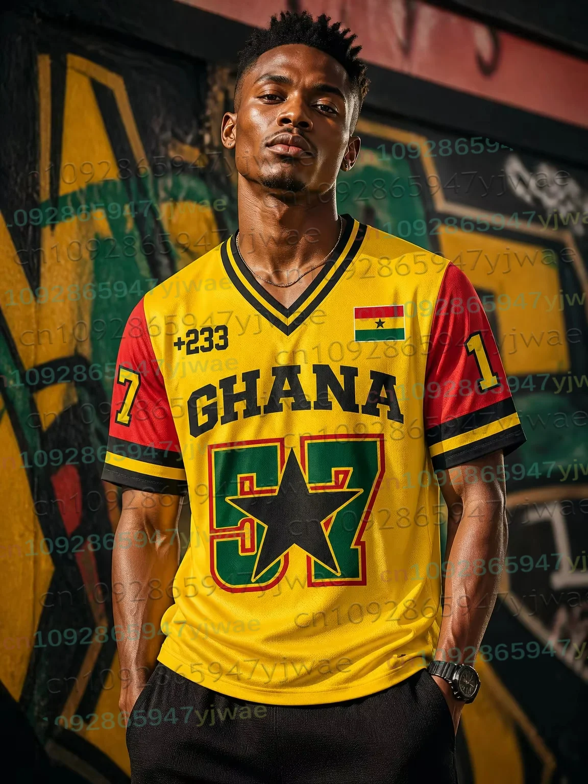 Ghana No.57 Colorblock T-Shirt Y2K Retro V-Neck Uniforms Football Tshirt Summer Streetwear Women Men's Clothing For Soccer Fans