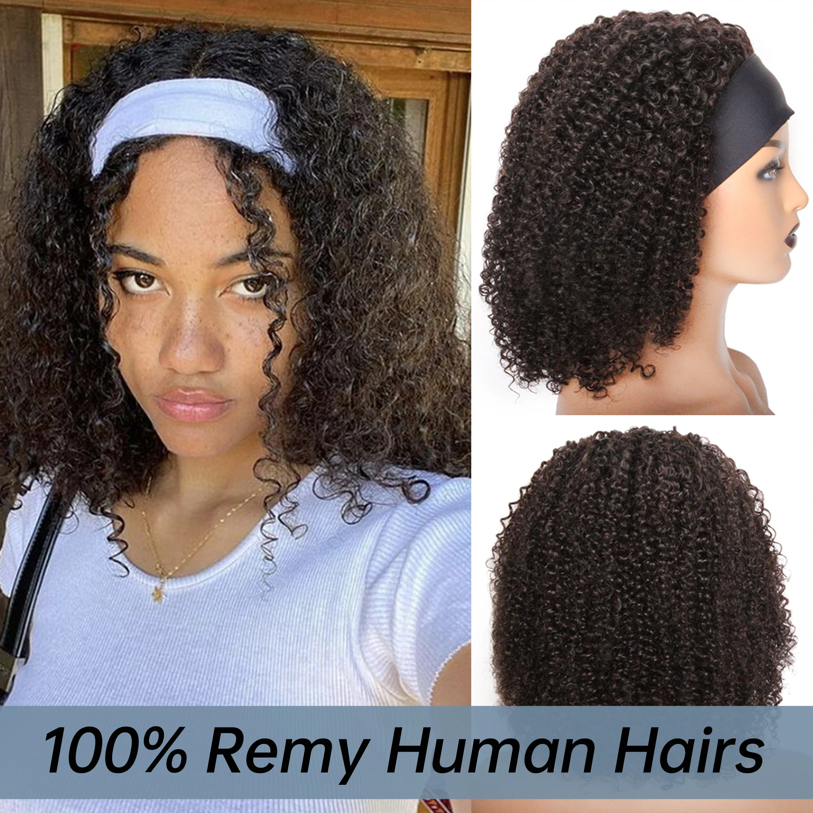 

14 Inch Headband Wig Kinky Curly Brown Human Hair Women Daily Party Headband Wig Brazilian Human Hair 150% Density Machine Made