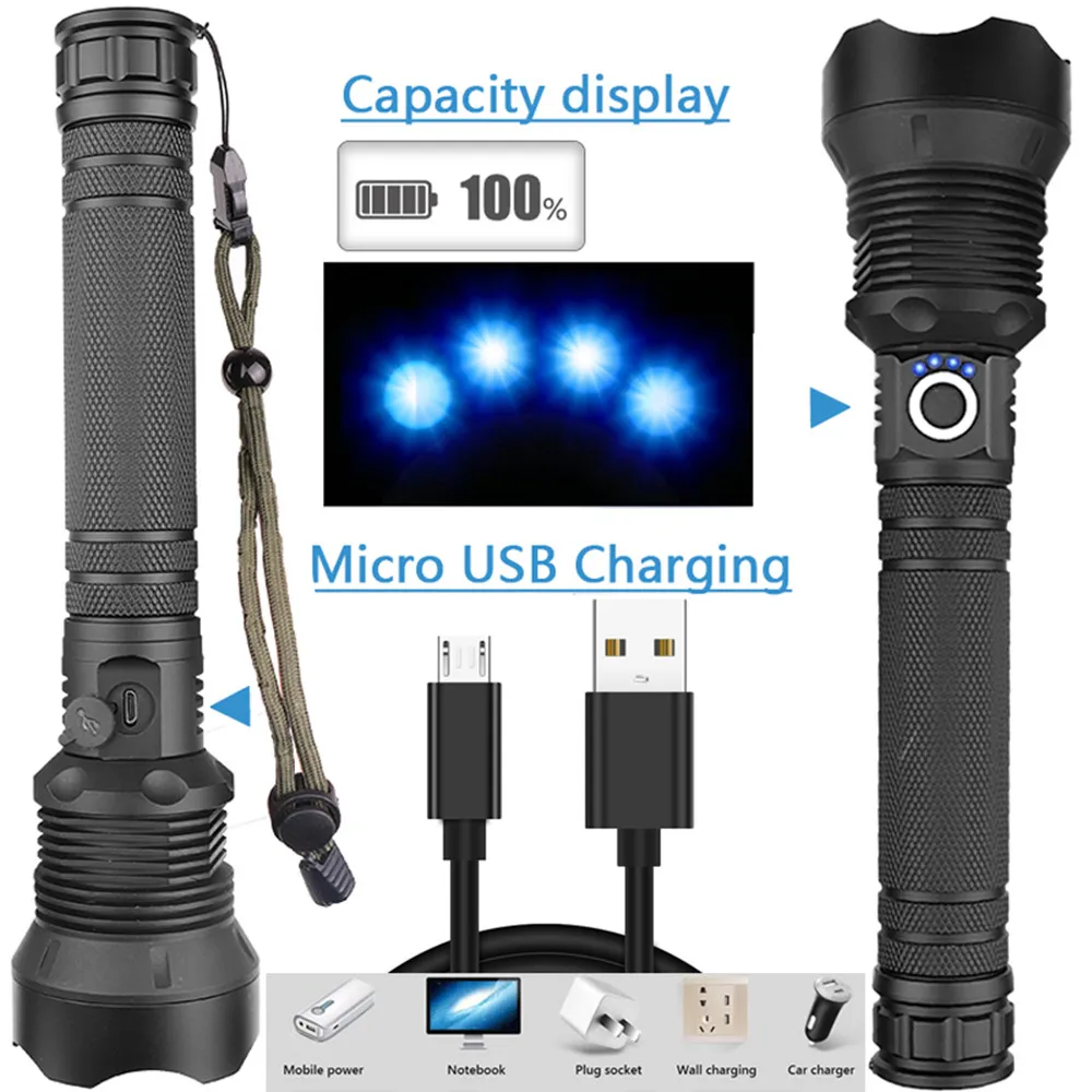 USB Powerful xhp70.2 Flashlight Torch Super Bright Rechargeable Zoom LED Tactical Torch xhp70 18650 or 26650 Battery Camp Lamp