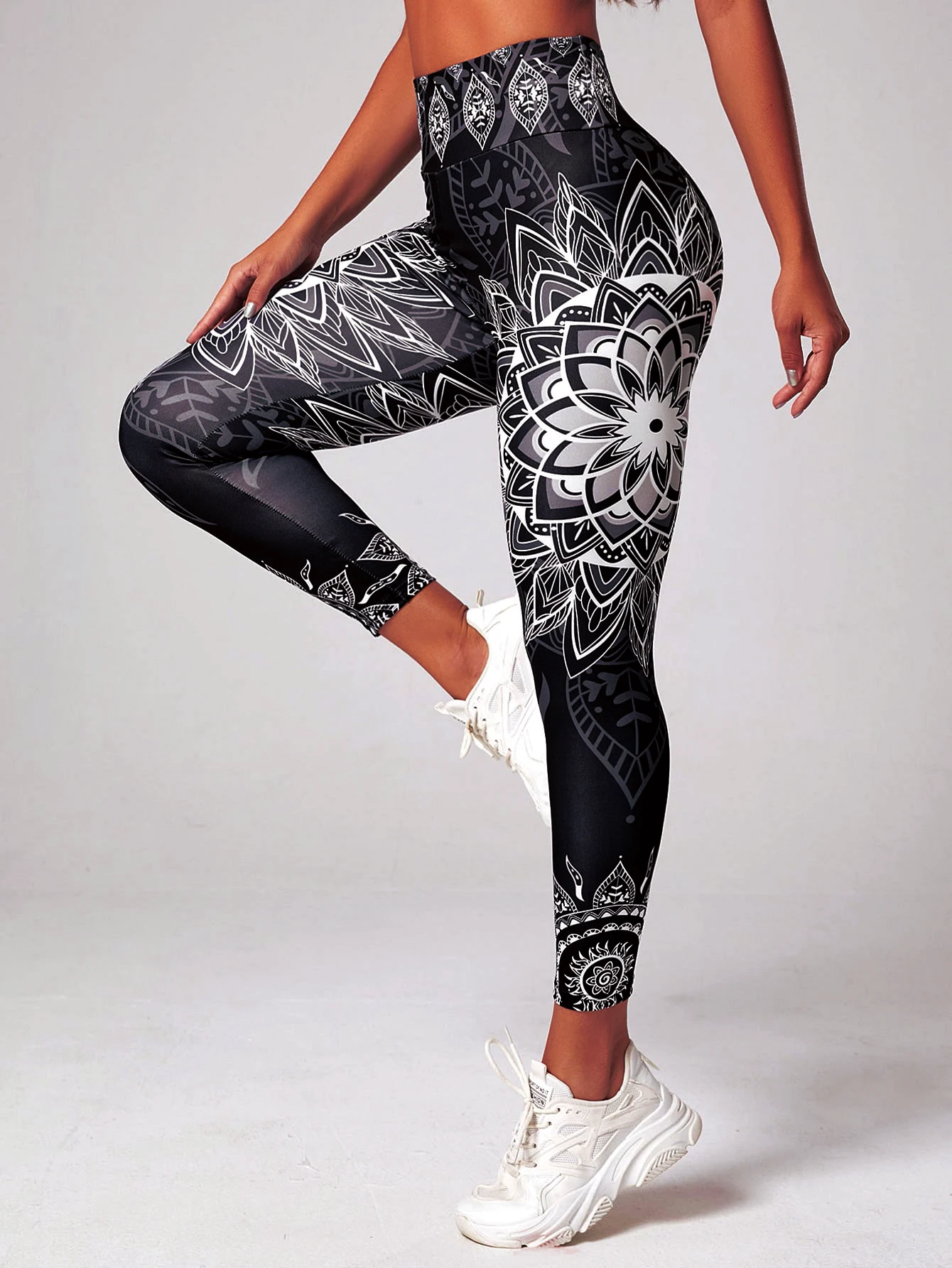 Lotus patterned high waisted leggings, suitable for yoga, running, and dancing as hip lifting sportswear - sporty and fashionabl