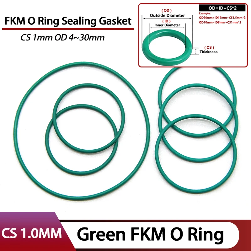 

10/50pcs Green CS 1mm OD 4~30mm FKM O Ring Insulation High Temperature Resistance Fluorine Rubber Rings Sealing Gasket