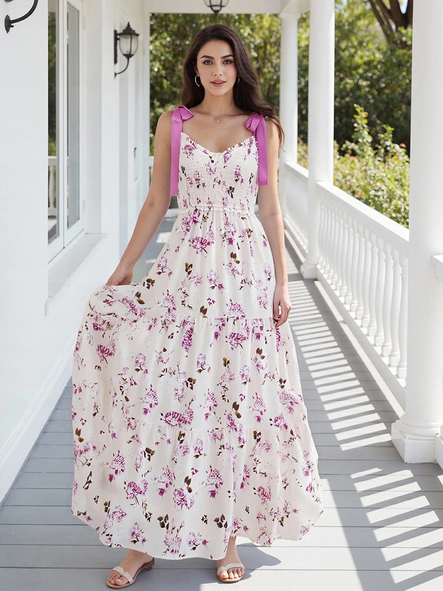 جديد أزياء المرأة زلة اللباس أكمام عارية الذراعين التعادل متابعة زهرة طباعة فستان محكم من عند الصدر ويتدلى بشكل واسع الصيف فستان طويل الشارع الشهير S-XL