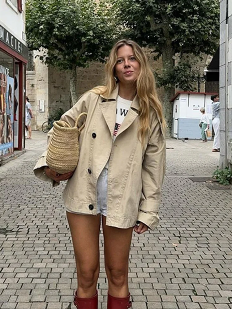 Khaki Fashion Woman Single Breasted Lapel Short Jacket Elegant Solid Color Long Sleeves Coat Fall Lady New Commuter Outerwear