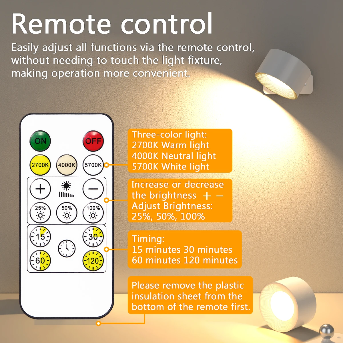 Luces de pared LED con control remoto, lámpara de lectura recargable montada en la pared 2000mAh, 3 colores y regulable magnético 360 °   podrida podrida