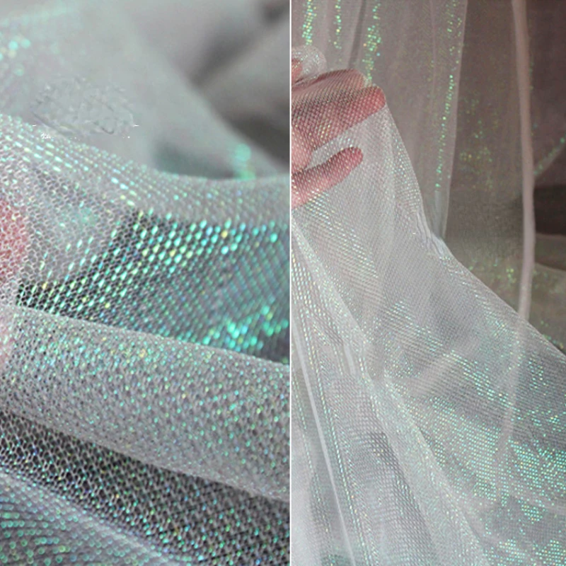 Laser Illusion Green Light Mesh Fabric Hollowing Out for Diy Sewing Perspective Dress Color Change Background Decoration Fabrics