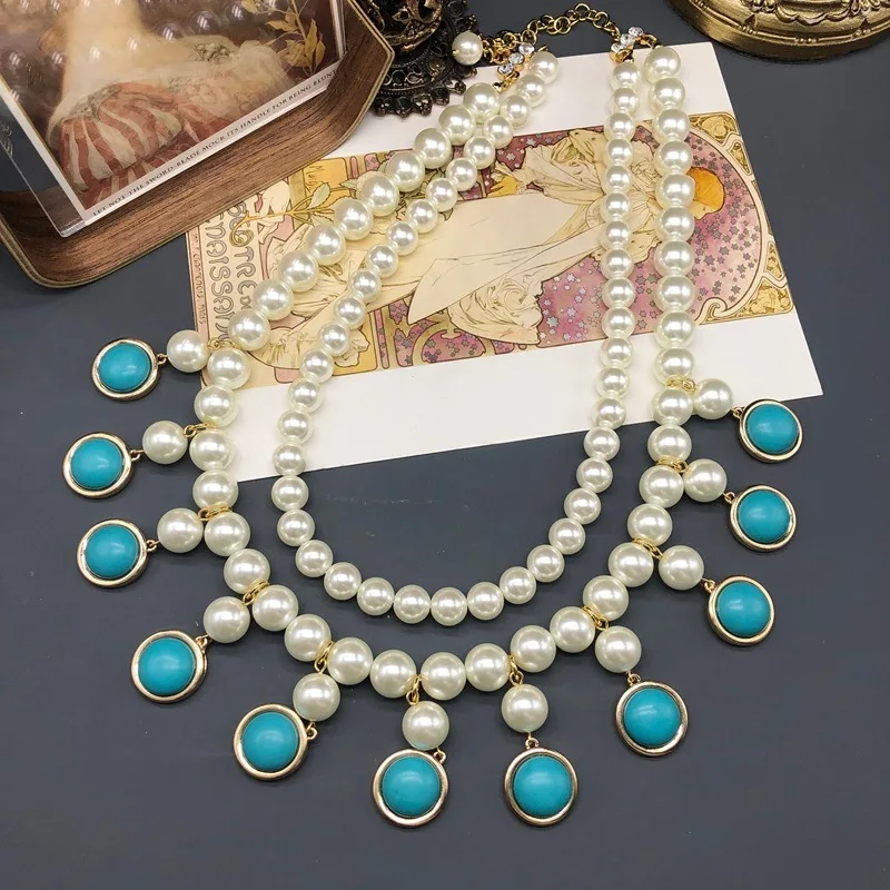 

Western Medieval Jewelry, Turquoise Pendant, Multi-layer Pearl Necklace, Stud Earrings Set, Exquisite Fashion and National Tide