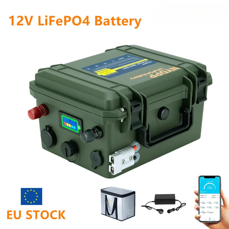 Batterie Lithium Phosphate Lifepo4 avec Chargeur 10A, 12V, 140AH, 80Ah, 100Ah, 120Ah