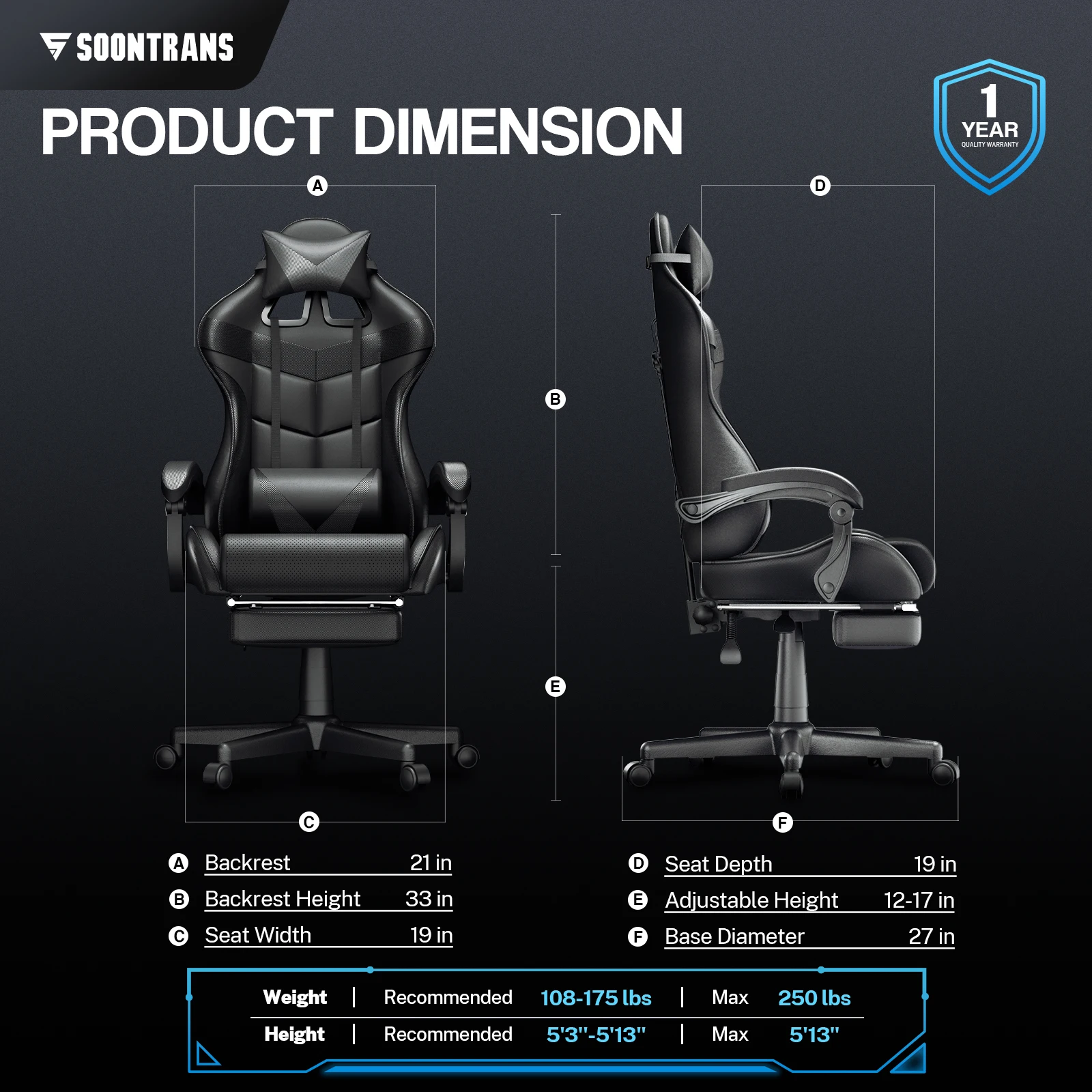 Silla de Juego Soontrans con Masaje, Reposapiés, Reposacabezas y Cojín Lumbar con Función de Masaje, Reposabrazos Acolchados, Silla Ergonómica para Gamers, Transmisiones en Vivo por YouTube, Xbox
