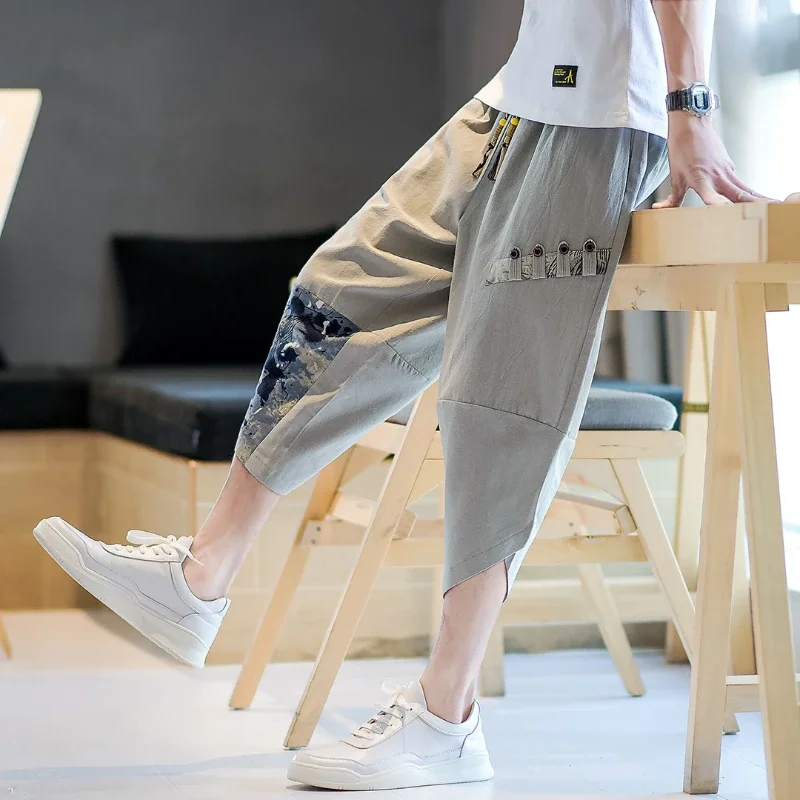 Japanese Kimono Pants Men Cotton Breathable Samurai Clothing Pants Men Loose Print Retro Harem Shorts Harajuku Hip Hop trousers