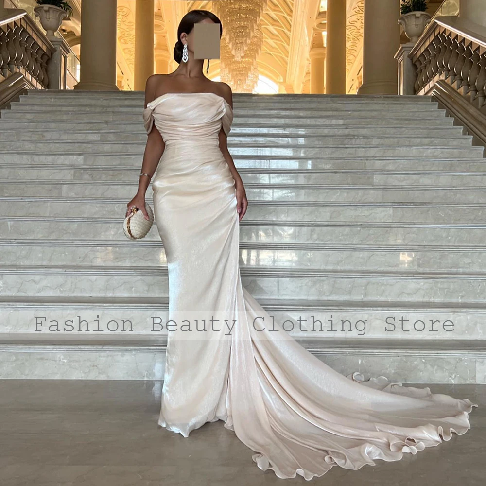 Mermaid Evening Dress for Woman Off the Shoulder Light Champagne Evening Gowns Long Trumpet Pleats 2024 Wedding Party Dresses