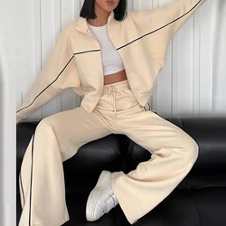 Fashion Patchwork Long Sleeve Coat&Elastic Pants Suits Lady Simple Commute Zipper Outfit Autumn Winter New Casual Sport 2PC Sets