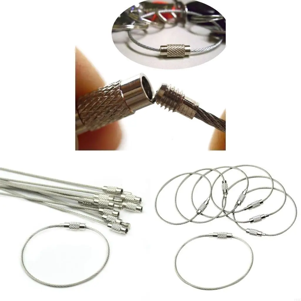 195C 10Pcs Screw Locking Stainless Steel Wire Keychain for Key Ring Cable Outdoor Hik