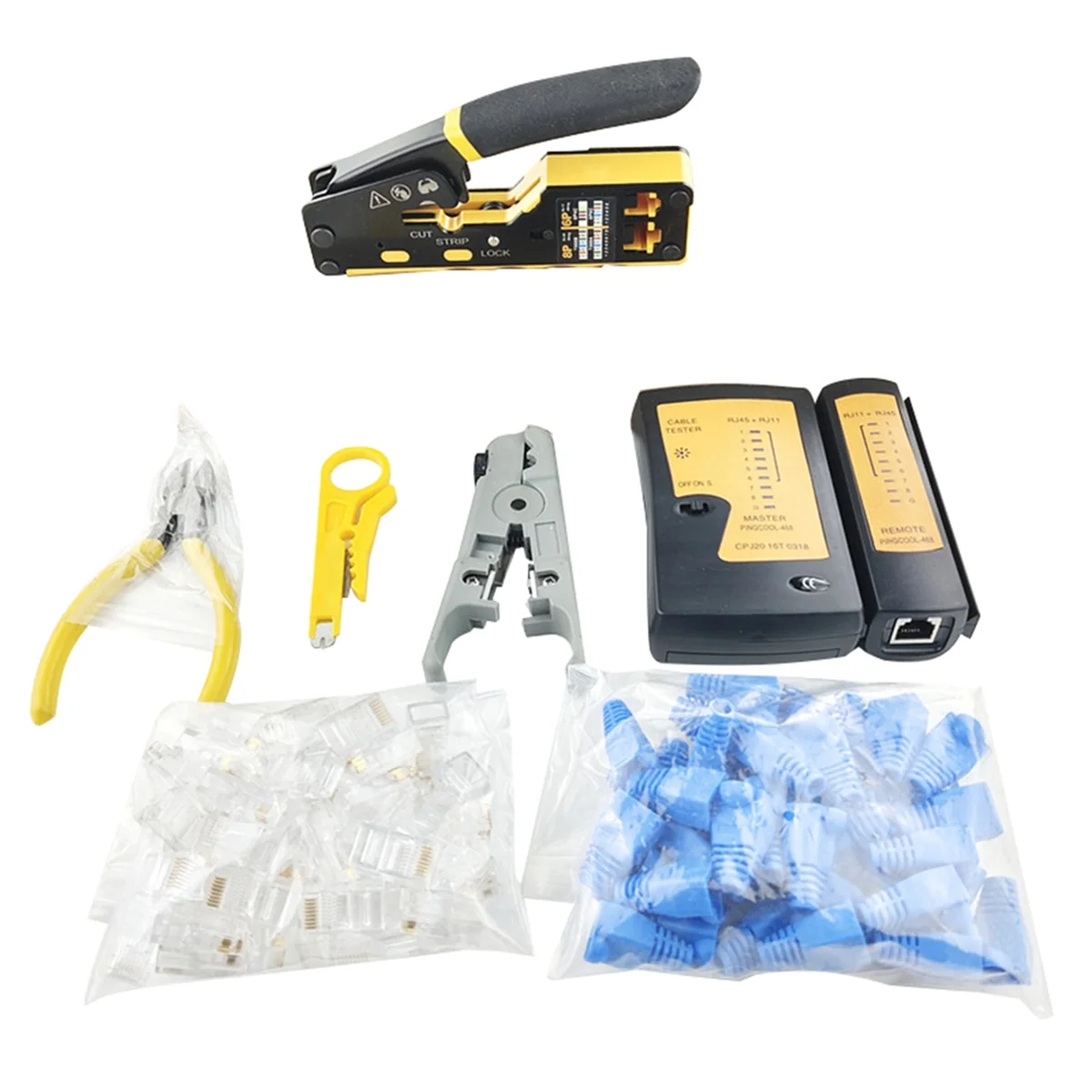 

Hot sale RJ45 Crimp Tool Kit with Cable Tester, Wire Cutter, Blades, 50 Cat 6 Connectors and Strain Relief Boots