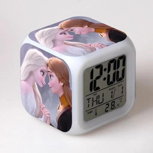 MINISO Disney Cartoon Animation Frozen Colorful Alarm Clock LED Color Changing Square Alarm Clock Gift Best Birthday Gift