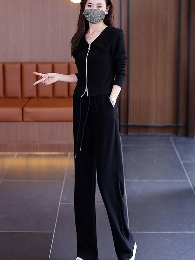 

Faionable Salt Series Women's Set Spring Anti-Aging High Waist Wide Leg Pants Doll Collar Top Two-Piece Set Ele Lady Sle