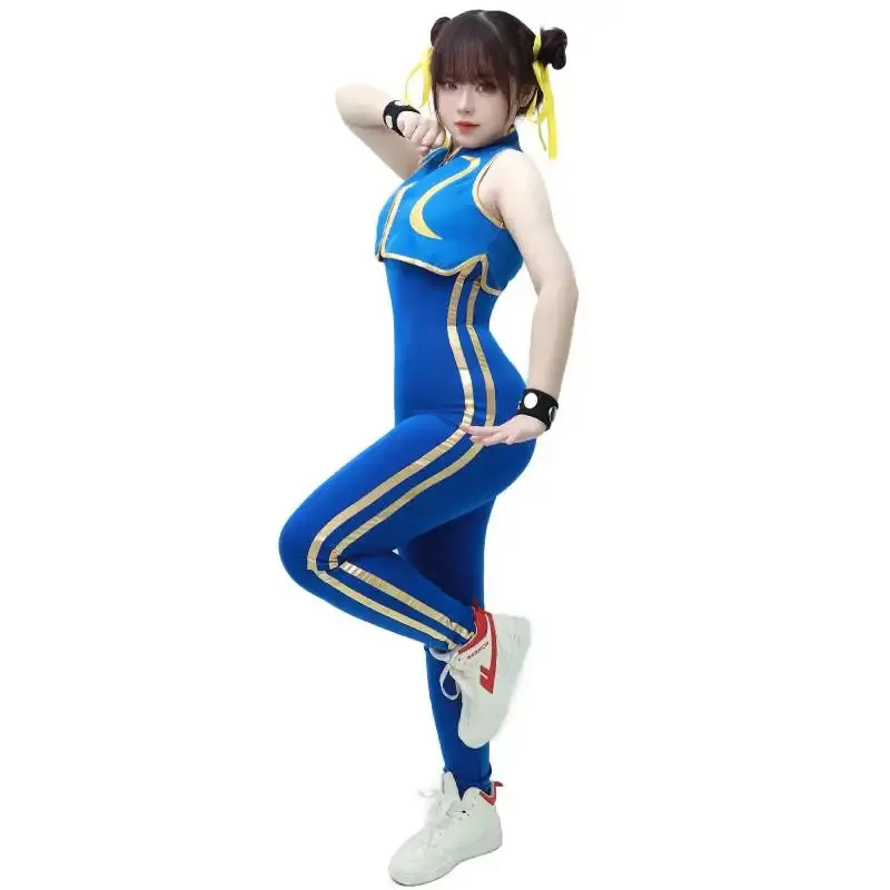 DAZCOS Games Li Costume Cosplay Tuta blu Gioco di battaglia Body Donna Ragazza Chun-Li Vestito con braccialetto e elastici per capelli sk;m1