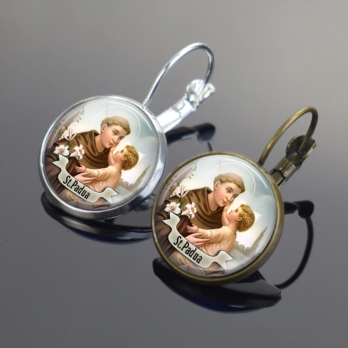 12 Styles Holy Saint Medal Dangle Earrings, Vintage Glass Cabochon Lever Back Earrings, Christian Faith Jewelry Religious Charms