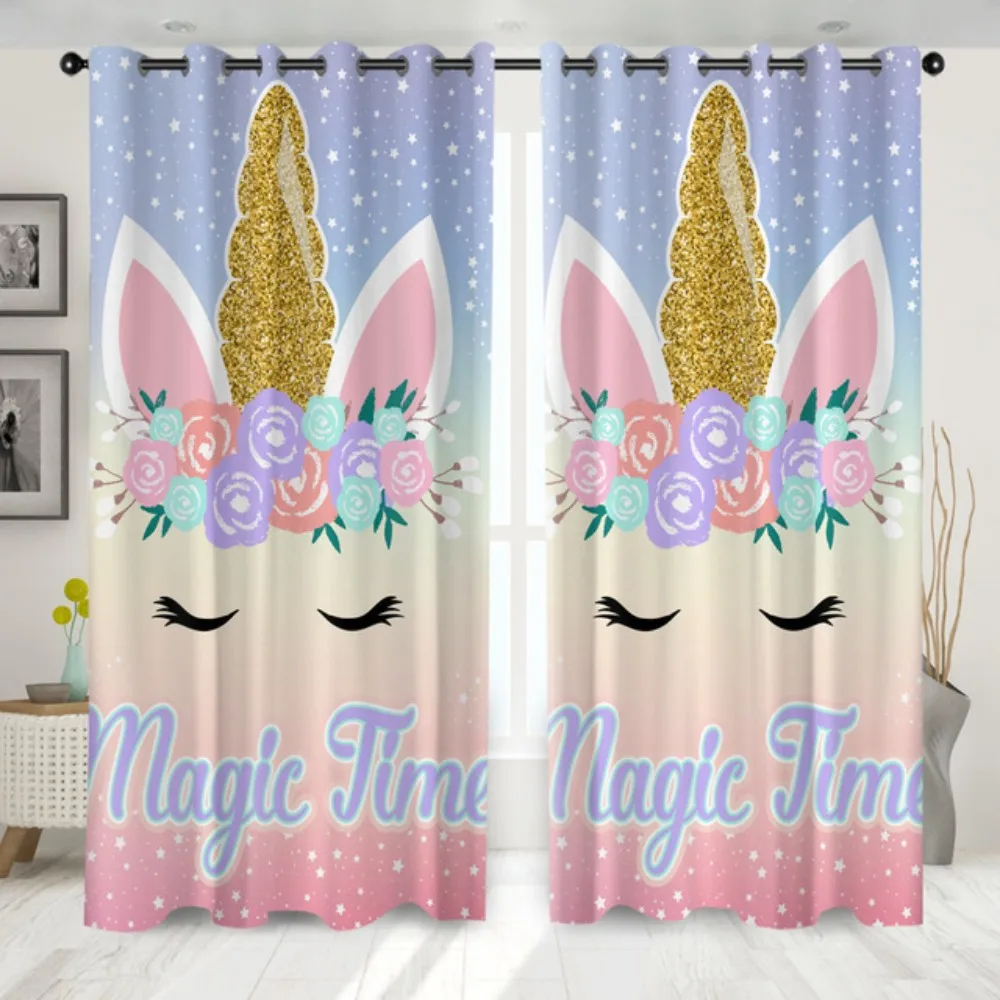 Cartoon Cute Expression Pink Unicorn Digital Printing Curtain Blackout Curtains for Kids Girls Bedroom Tatami Bed Living Room