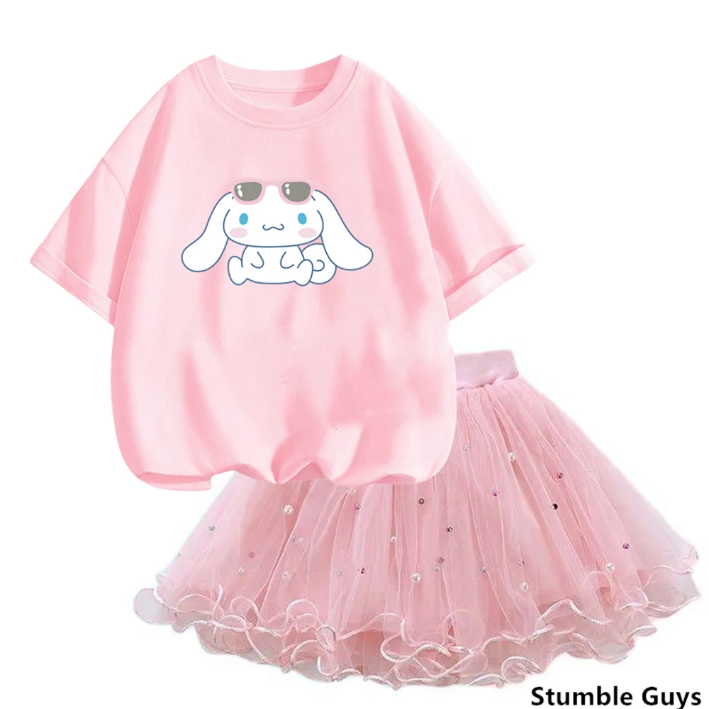 2024 Summer Cute Cinnamoroll Print baby Suits Short-sleeved T-shirt and Tulle Skirt 2Pcs Sets Girls Party Clothes Outfits