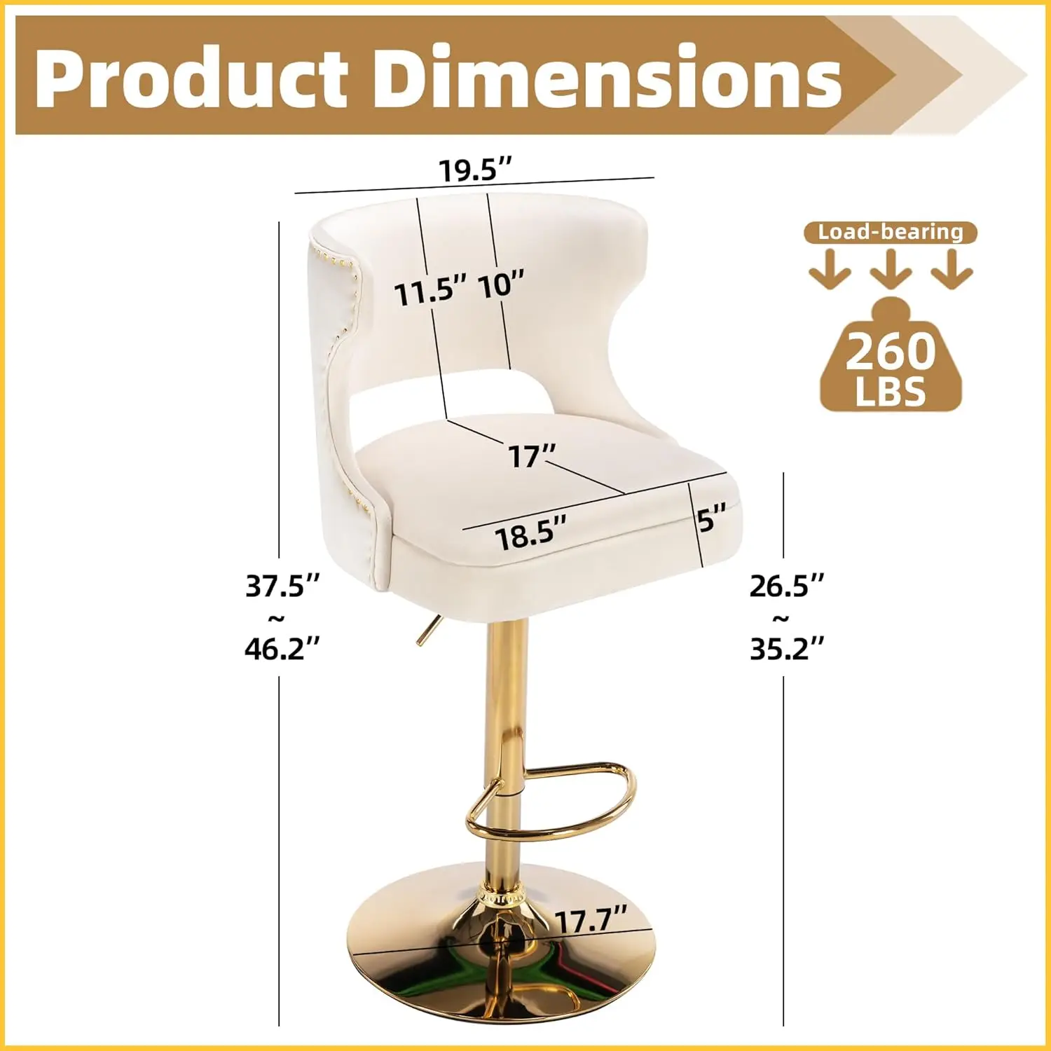 Westice Gold Bar Stools Set Of 6, Counter Height Adjustable Barstools, Modern Velvet Swivel Bar Chairs With Curved Back, Metal