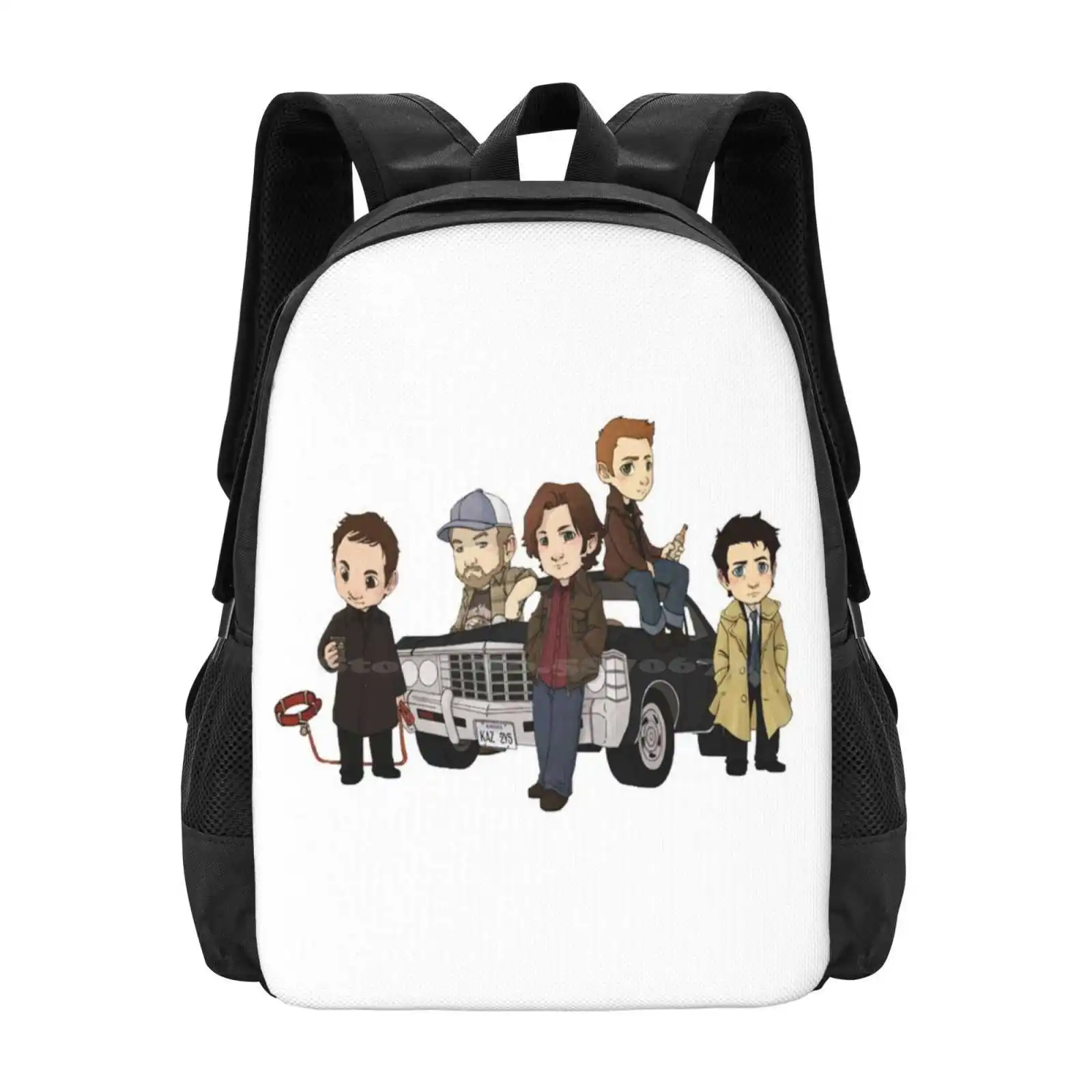 Supernatural Cartoon Design 3D Print Design Backpack Student Bag Super Natural Cute Supernatural Cartoon Winchester Sam Dean