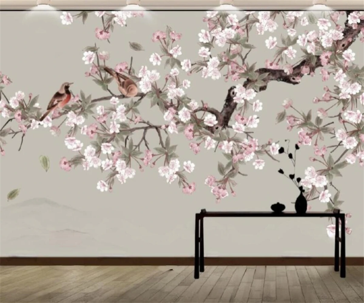 

Custom wallpaper mural Chinese flowers, birds, plum blossoms, peach blossoms, murals, home decoration, living room, 3d wallpaper