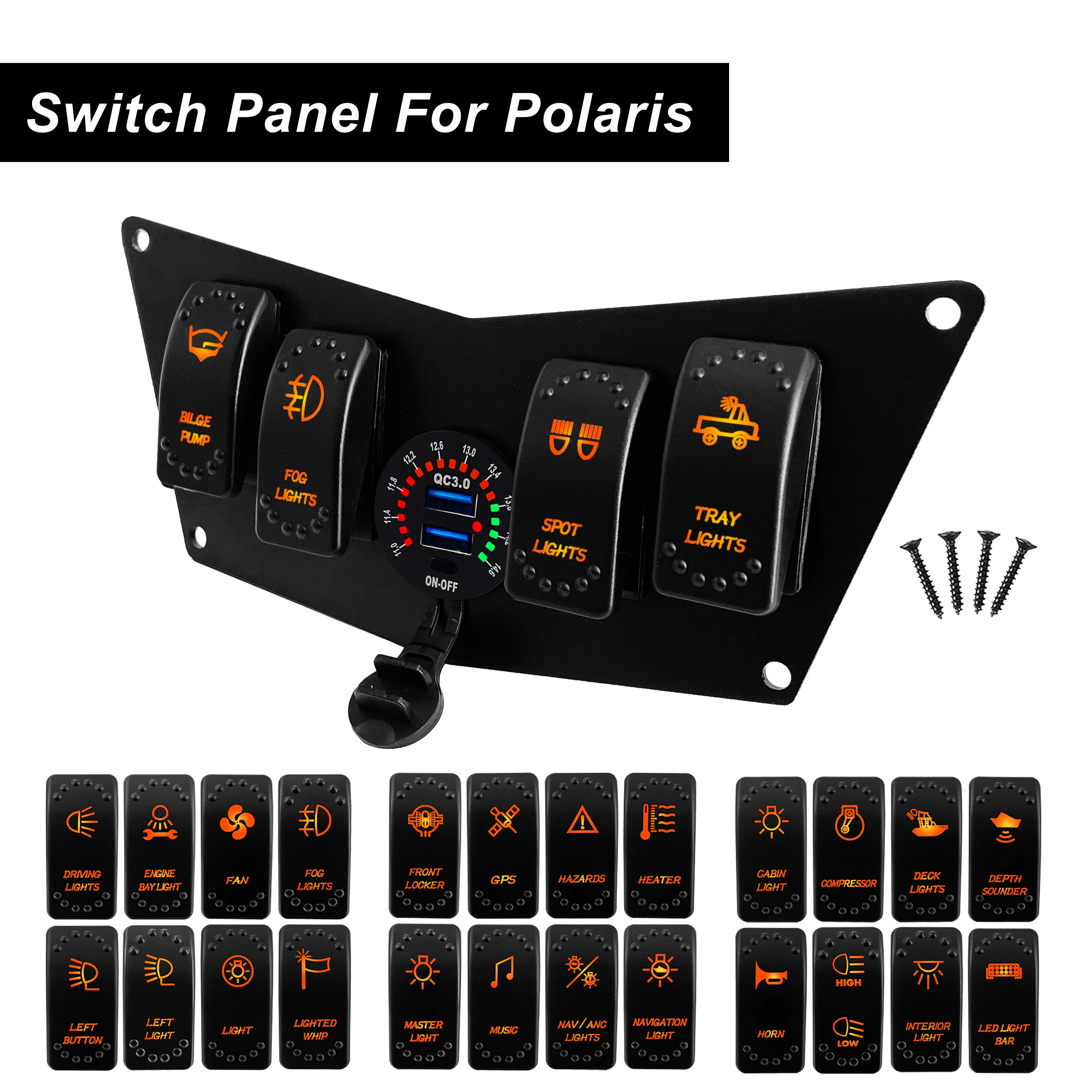 

Custom 4 Gang Rocker Switch Panel With USB / Voltmeter Socket For Polaris Orange Led, Multi-Logo Laser Design Waterproof IP68