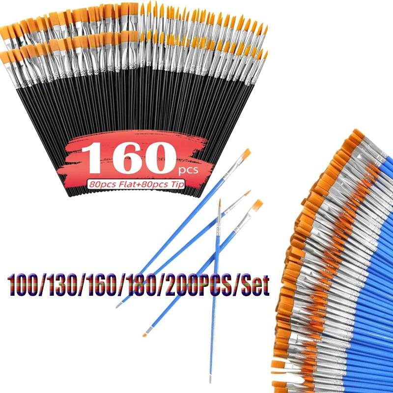 

Набор кистей для рисования 100/130/160/180/200 шт., 16,5 см, с плоским и круглым наконечником, нейлоновые, для акрила, акварели, для детей/художников