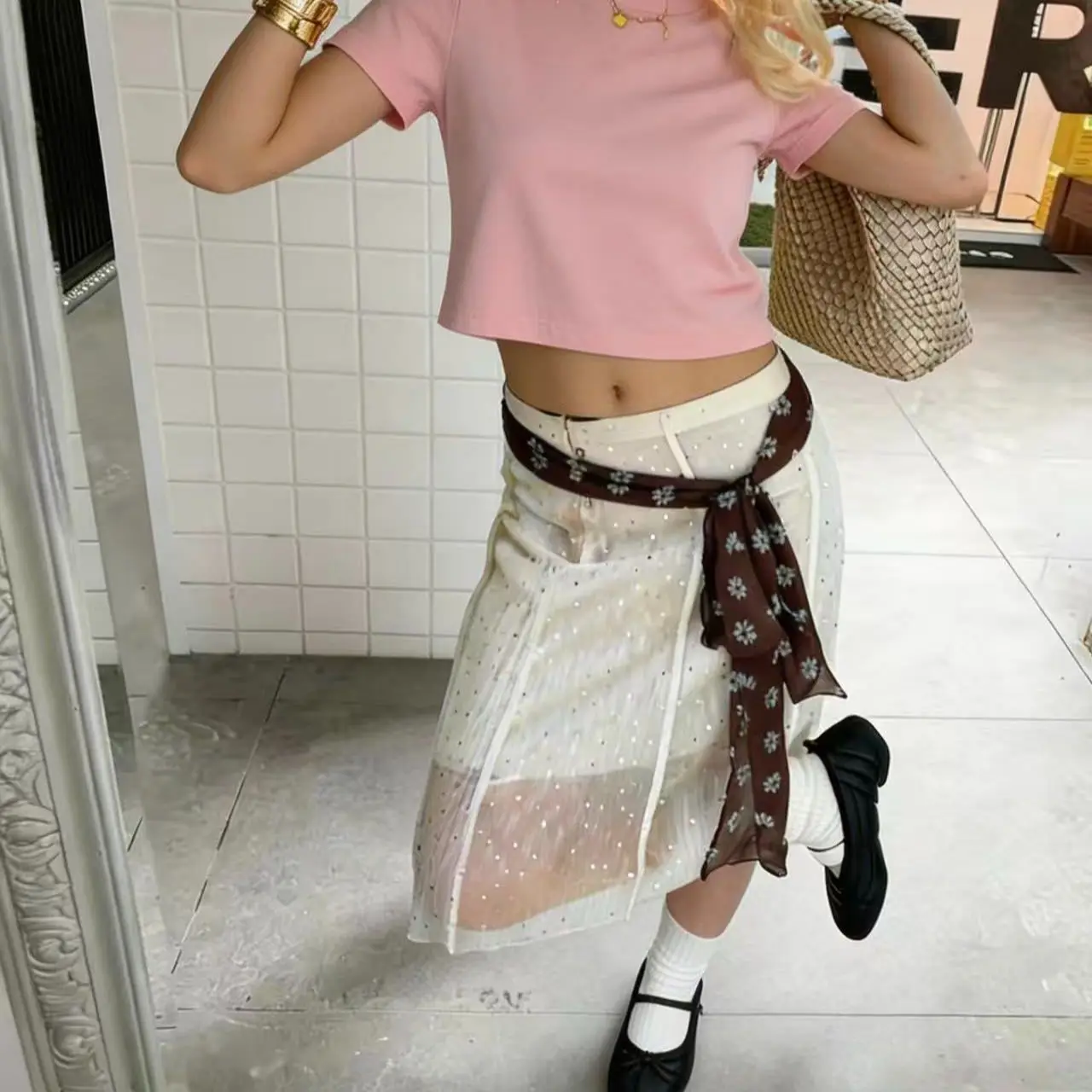 

Romantic Vacation Style Silver Sparkling Wave Dot Yarn Skirt Summer Sweet High Waist Dripping Half Body Skirts