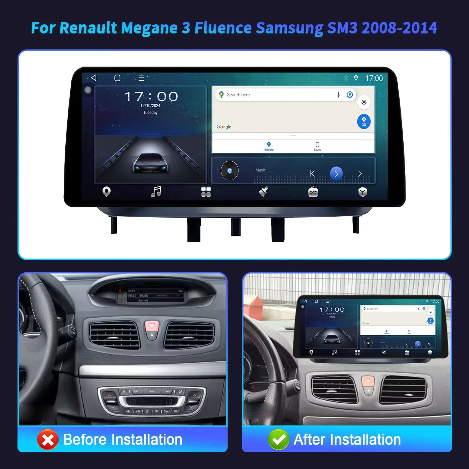 12.3inch Car Radio Multimedia For Renault Megane 3 Fluence Samsung SM3 2008-2014 Wireless Carplay Touch Screen Stereo