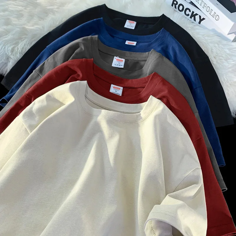 

Summer Korean Harajuku T-shirt for Men Cotton Oversized Short Sleeve T-shirt Tops Solid Color Casual Loose Male Tee Shirts Y2k