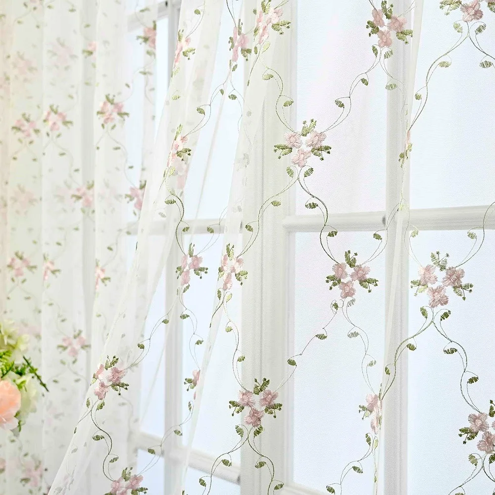 1pc Pastoral Pink Flower Embroidered Sheer Curtains for Bedroom Vintage Floral Lace Voile Drapes Window Treatment Nursery Decor