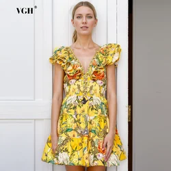 VGH Hit Color Printing Spliced Ruffles Dresses For Women V Neck Flying Sleeve Backless High Waist Patchwork Lace Up Dress Female