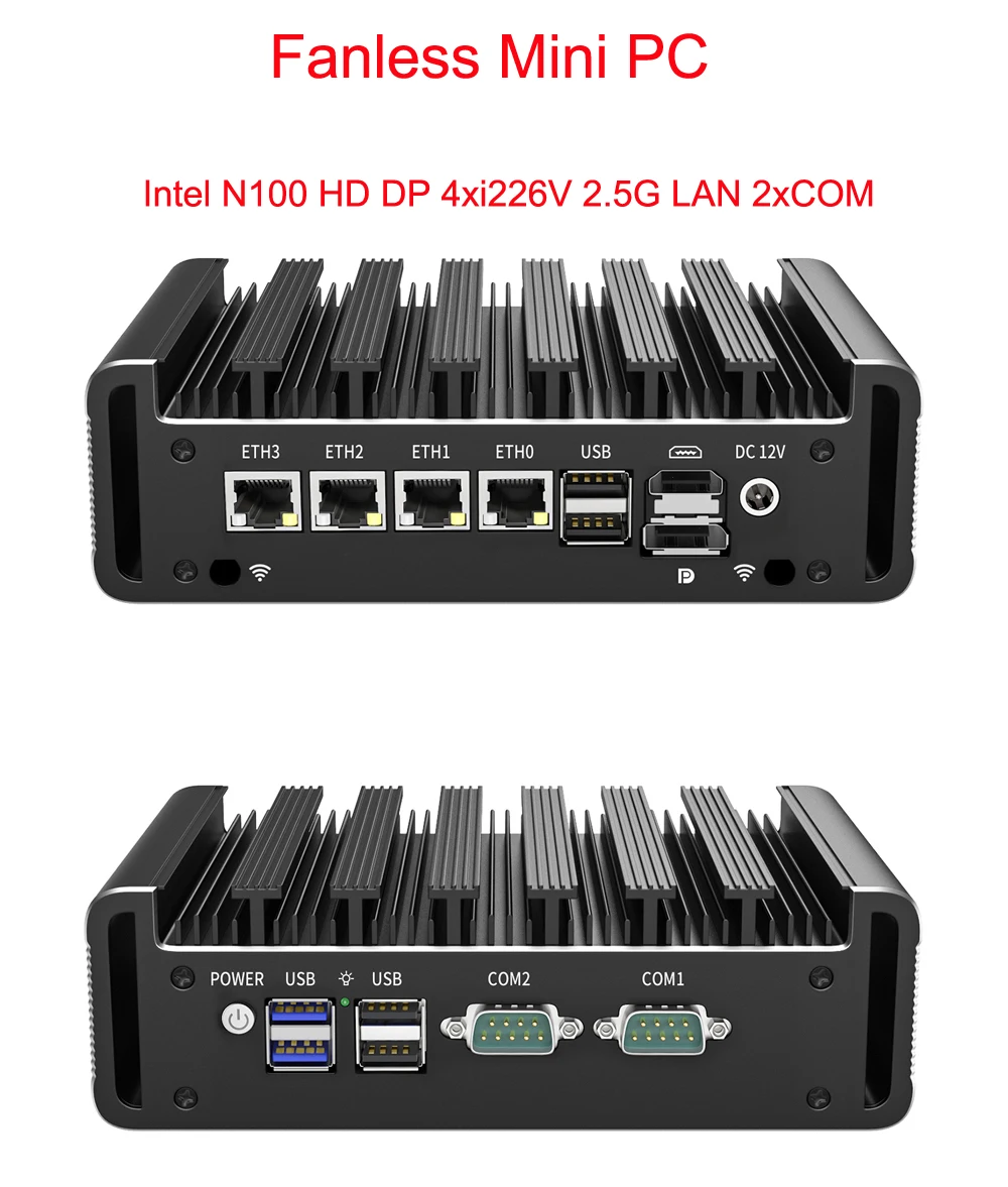 4xi226V 2.5G Nics LAN Fanless Firewall Sever Intel N100 Quad Core HD DP 2xCOM Desktop Mini PC Pfsense Win11 Soft Router Computer