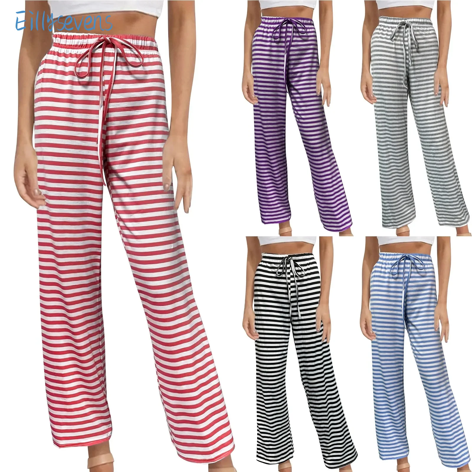 

Women'S Casual Pants Home Comfortable Stretch Wide Leg Drawstring Pants Classic Stripe Loose All-Match Regular Commute Pants