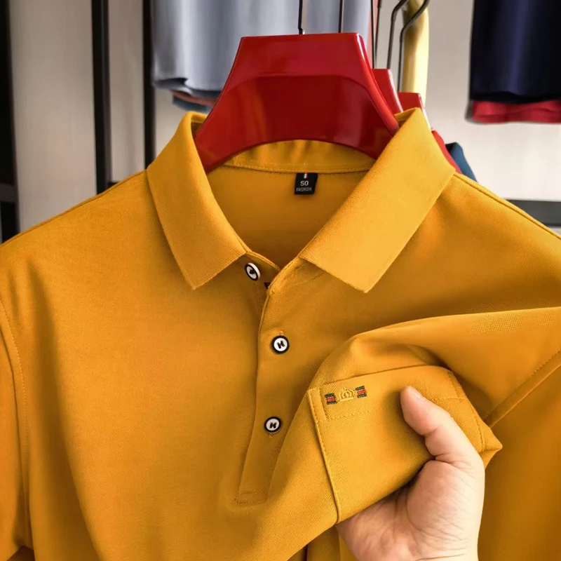 الراقية الاتجاه العلامة التجارية الرجال قميص بولو طويل الأكمام بسيط بلون الجلد ودية الراحة تاج مطرزة جيب تي شيرت جديد #3
