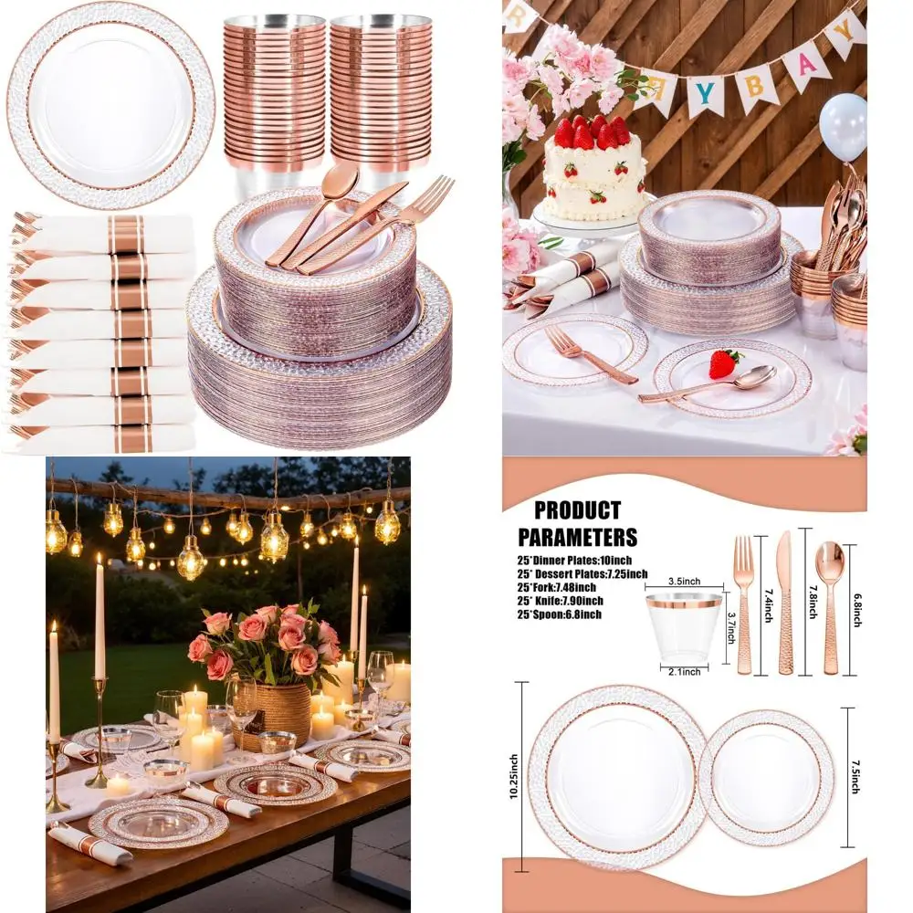 

Набор пластиковых тарелок и столового серебра из розового золота — 350 шт. прозрачных одноразовых тарелок с 100 тарелками, посуда 150 для элегантного дин-стола