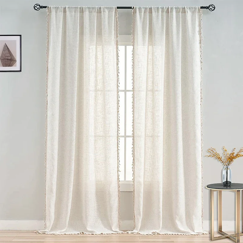 

New Cotton Linen Curtain Boho Cream Semi Sheer Living Room Window Drapes Rod Pocket Tassel Slot Top Voile Sheer Curtain Panel