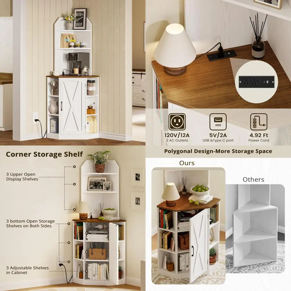 خزانة زاوية ريفية طويلة مع أرفف وأبواب للتخزين والعرض