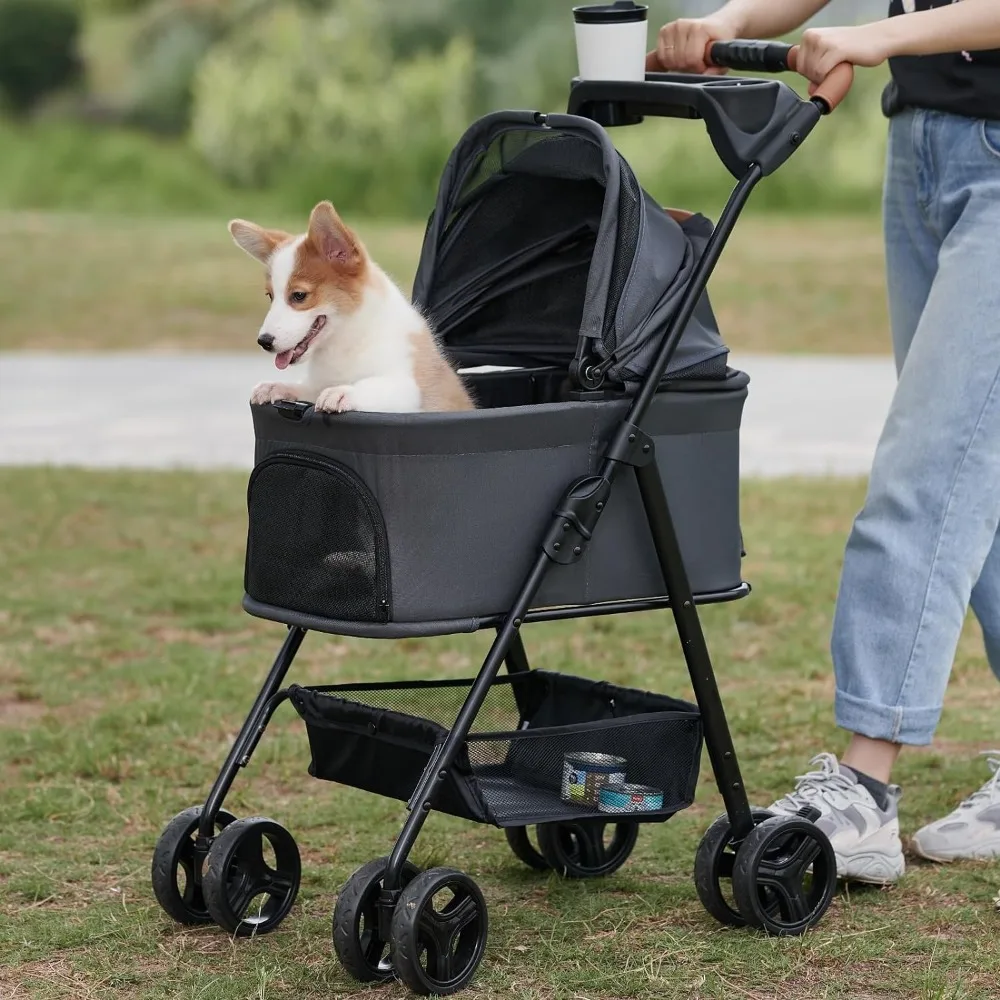 3-in-1 folding dog stroller, pet folding stroller, 4-wheel dog/cat/puppy stroller with detachable travel rack