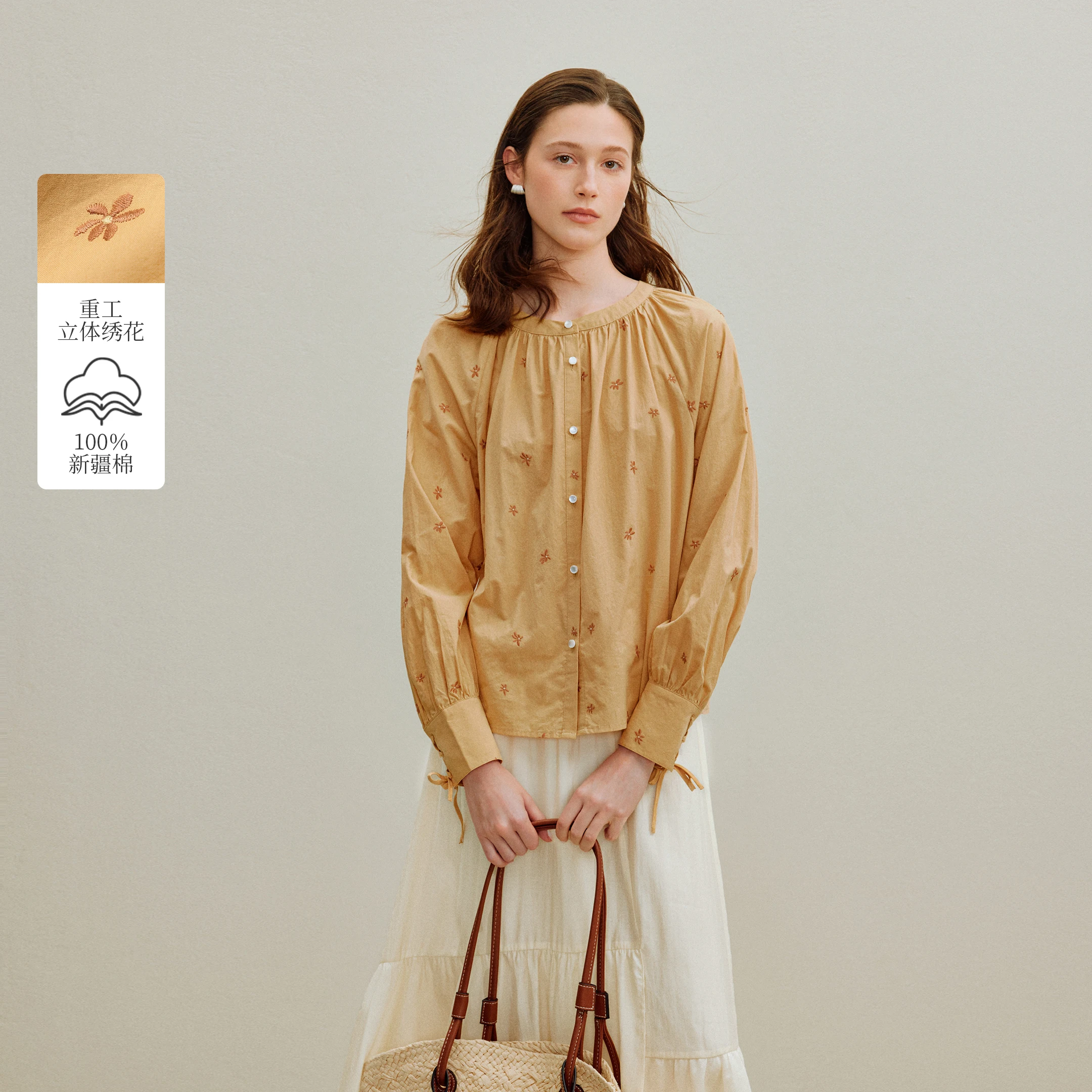 

Inman French Retro Lace-up Embroidery Floral Shirt for Women 2025 Autumn New Casual Pure Cotton Long Sleeve Blouse