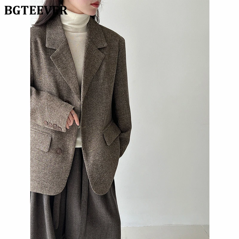 BGTEEVER 세련된 따뜻한 숙녀 싱글 브레스트 모직 블레이저 재킷 가을 겨울 우아한 느슨한 긴 소매 여성 정장 코트