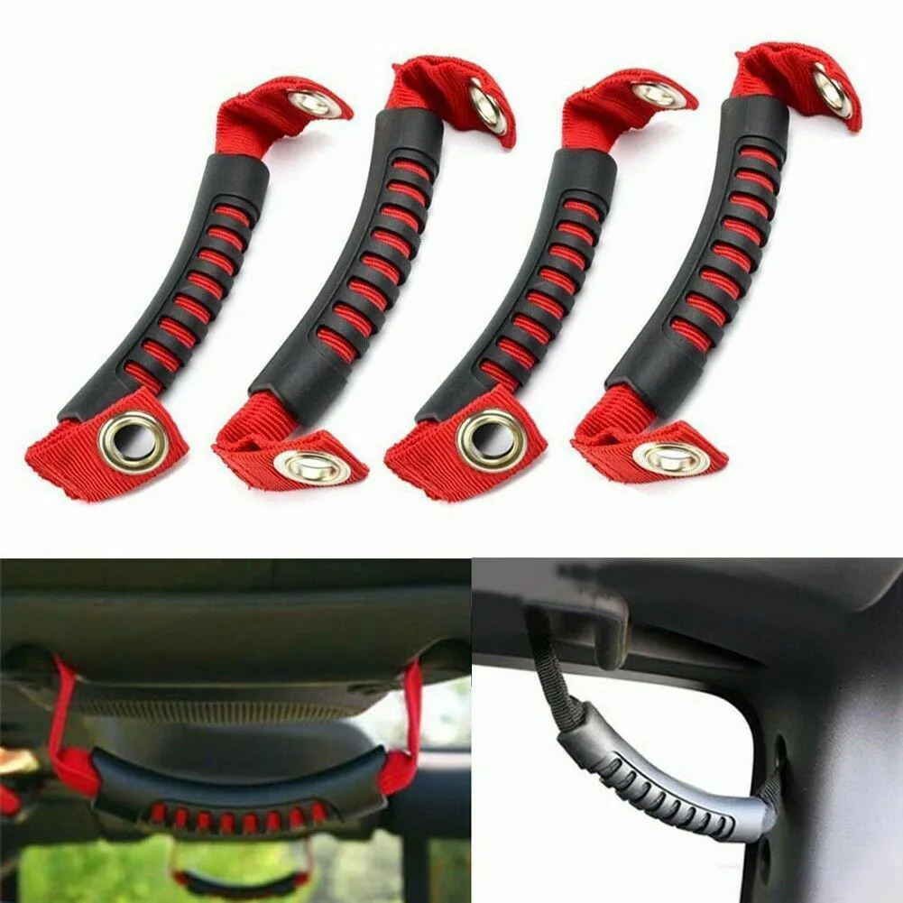 2pcs Grab Grip Interior Handles Door Handle Nylon Mesh Belt With Rubber Grip For Jeep Wrangler JK/TJ/YJ/CJ Car Accessories