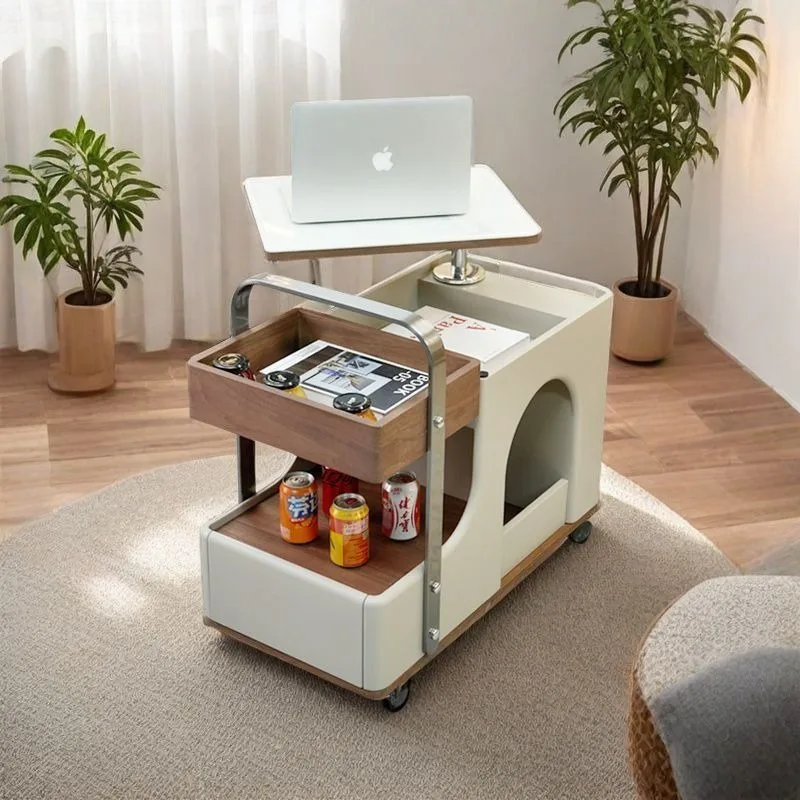 

Retro Rolling Side Table Lift-Top Storage Cart Mid-Century Sofa C-Table Mobile Table Basse Ronde Marbre Luxury Coffee Table