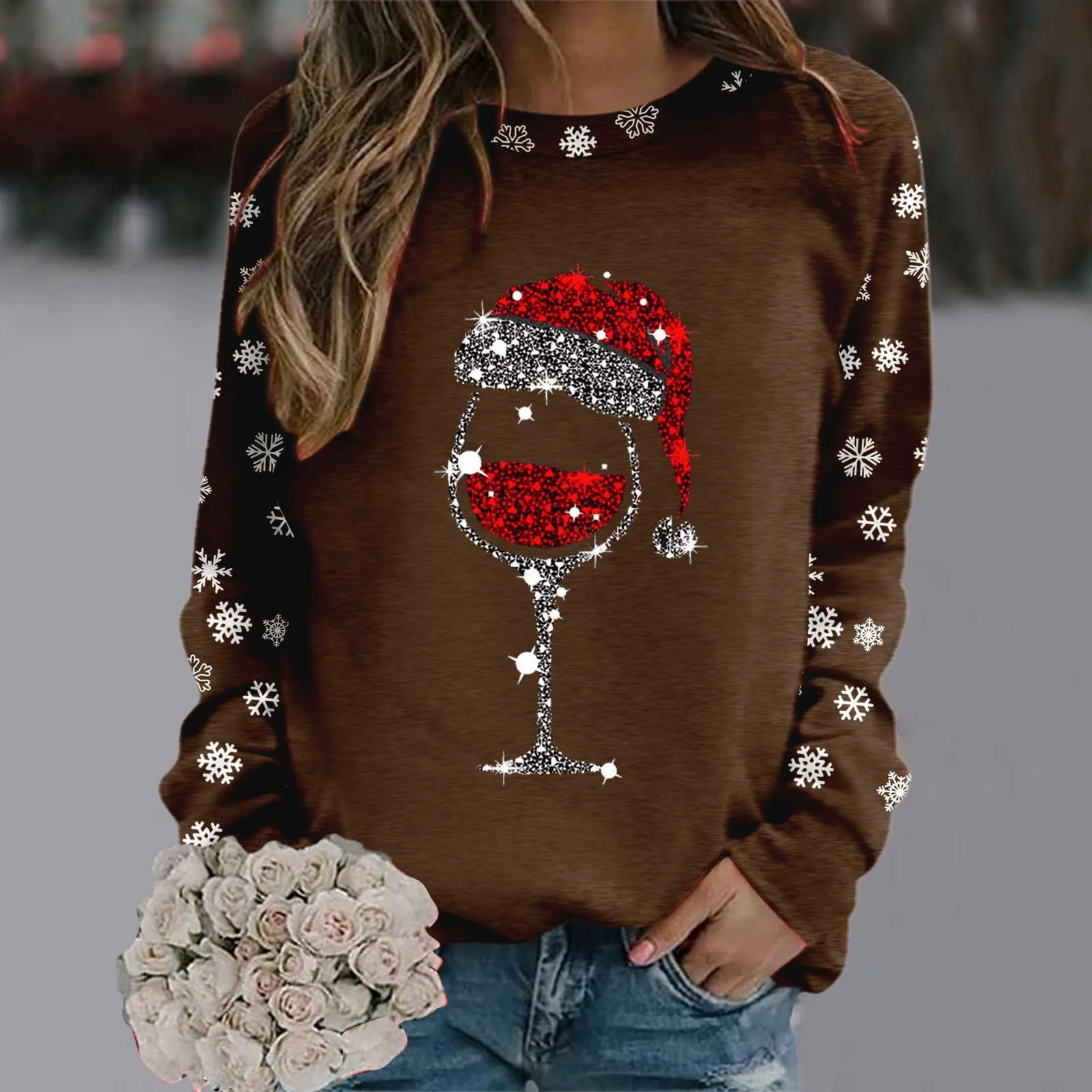 

Merry Christmas Sweatshirts For Women Red Wine Glasses Print Hoodies Crewneck Cute Pullover Tracksuit новогодняя кофта женская