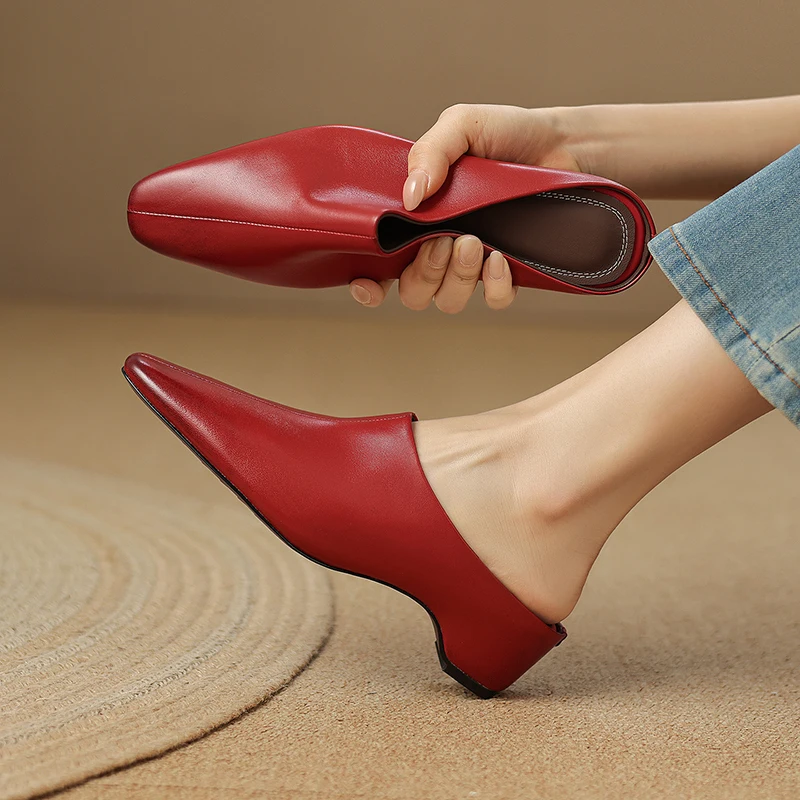 2026 new summer women sandals natural leather plus size 22-25.5cm sheepskin square toe mules high heel women slippers fashion