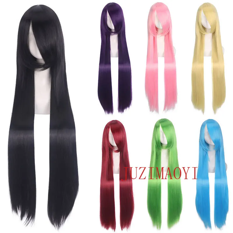 100cm synthetic long straight cosplay wig with bangs Heat Resistant hair Anime pink blonde red purple women wi