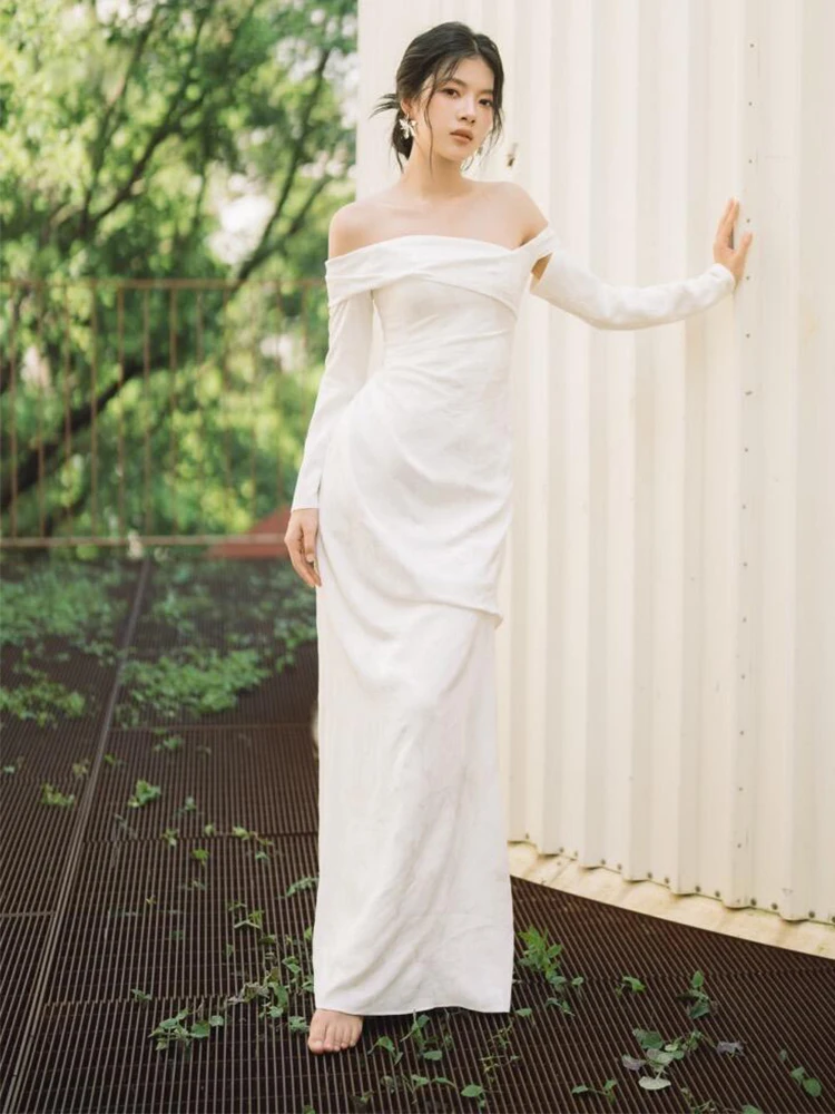 

Ретро-свадебное платье из атласа с одним плечом, длинным рукавом, простое, элегантное, белое, для церемонии на открытом воздухе, китайское свадебное платье