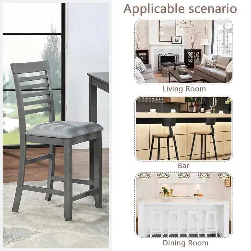 Conjunto de 4 cadeiras de altura de balcão, bancos de bar de cozinha com assento acolchoado para sala de jantar, acabamento cinza